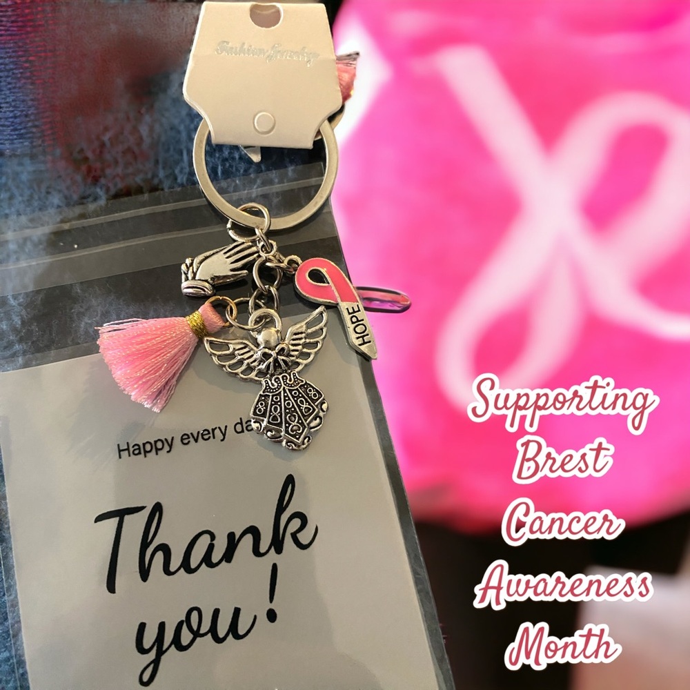 Handmade Pink Ribbon Keychain supporting breast cancer awareness month